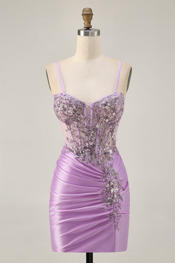 Sparkly Lilac Bodycon Strapless Short Prom Dress with Lace Up Back